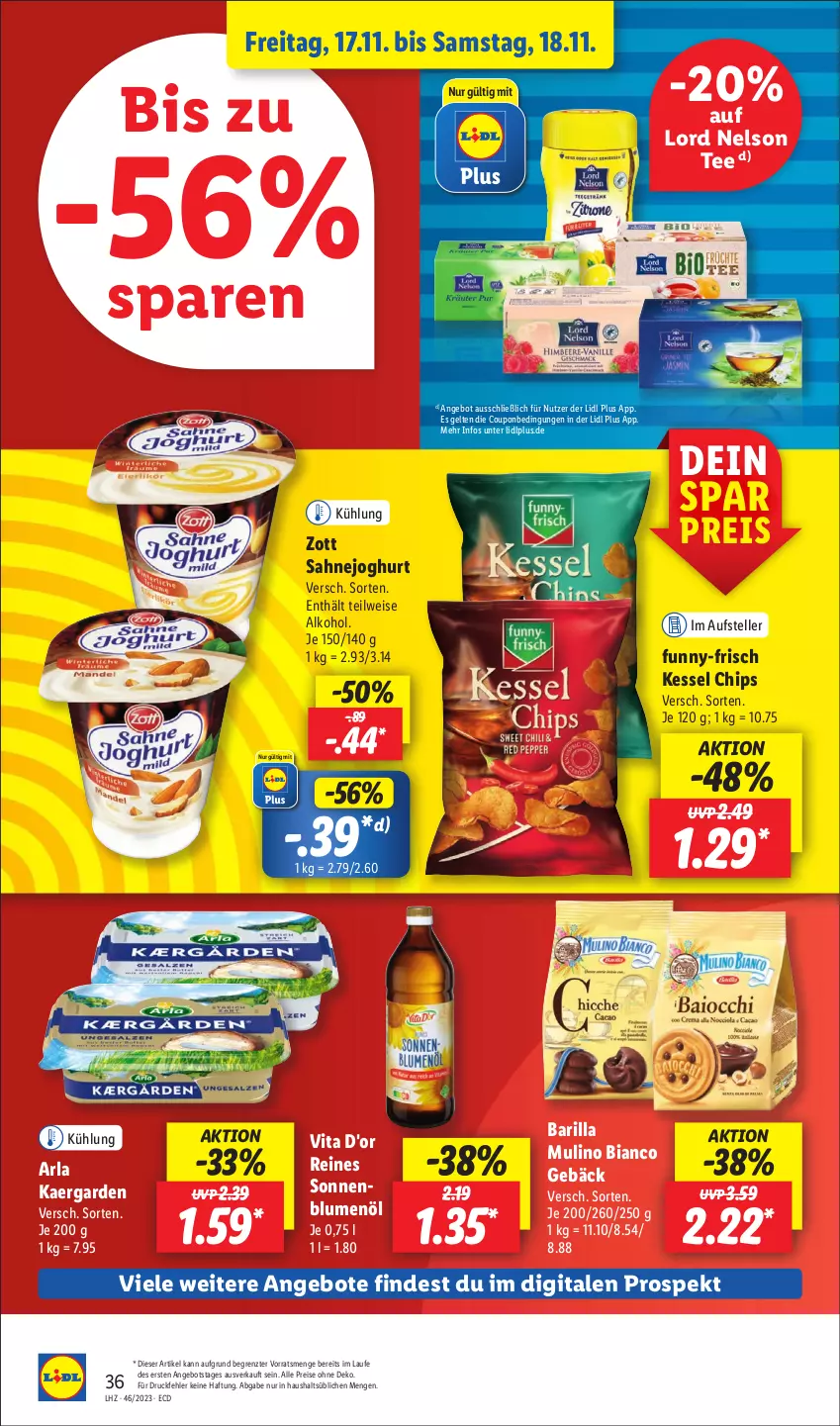 Aktueller Prospekt Lidl - Aktionsprospekt - von 13.11 bis 18.11.2023 - strona 46 - produkty: alkohol, angebot, angebote, arla, barilla, blume, blumen, blumenöl, chips, coupon, drucker, eis, elle, Engel, funny-frisch, joghur, joghurt, kerze, papier, reis, sahne, Sahnejoghurt, sonnenblume, sonnenblumen, sonnenblumenöl, tee, teller, Ti, vita, zott, ZTE