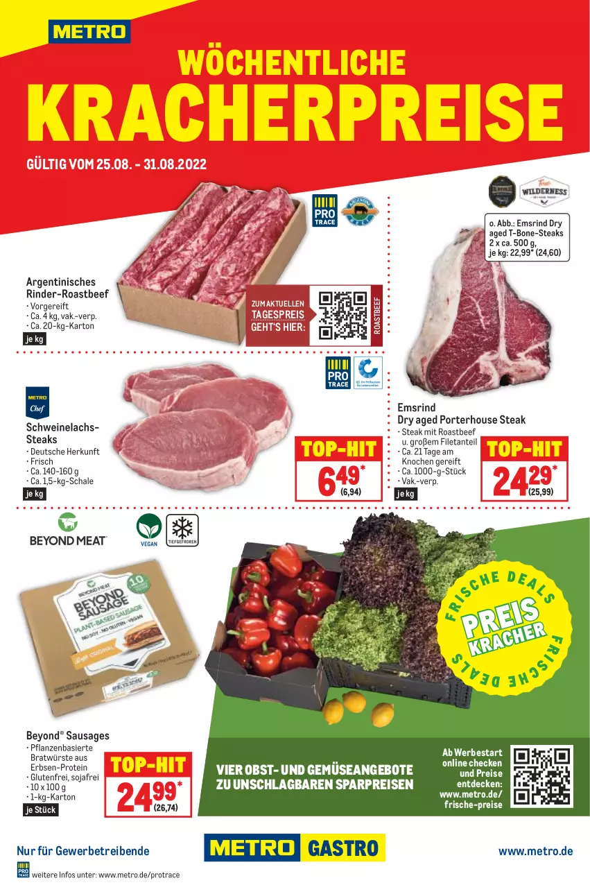 Aktueller Prospekt Metro - Kracherpreise - von 25.08 bis 31.08.2022 - strona 1 - produkty: angebot, angebote, beef, decke, eis, elle, erbsen, filet, kracher, lachs, Metro, obst, pflanze, pflanzen, reis, rind, rinder, roastbeef, Schal, Schale, schwein, schweine, Schweinelachs, soja, steak, steaks, Ti, und gemüse, wein, weine, Yo