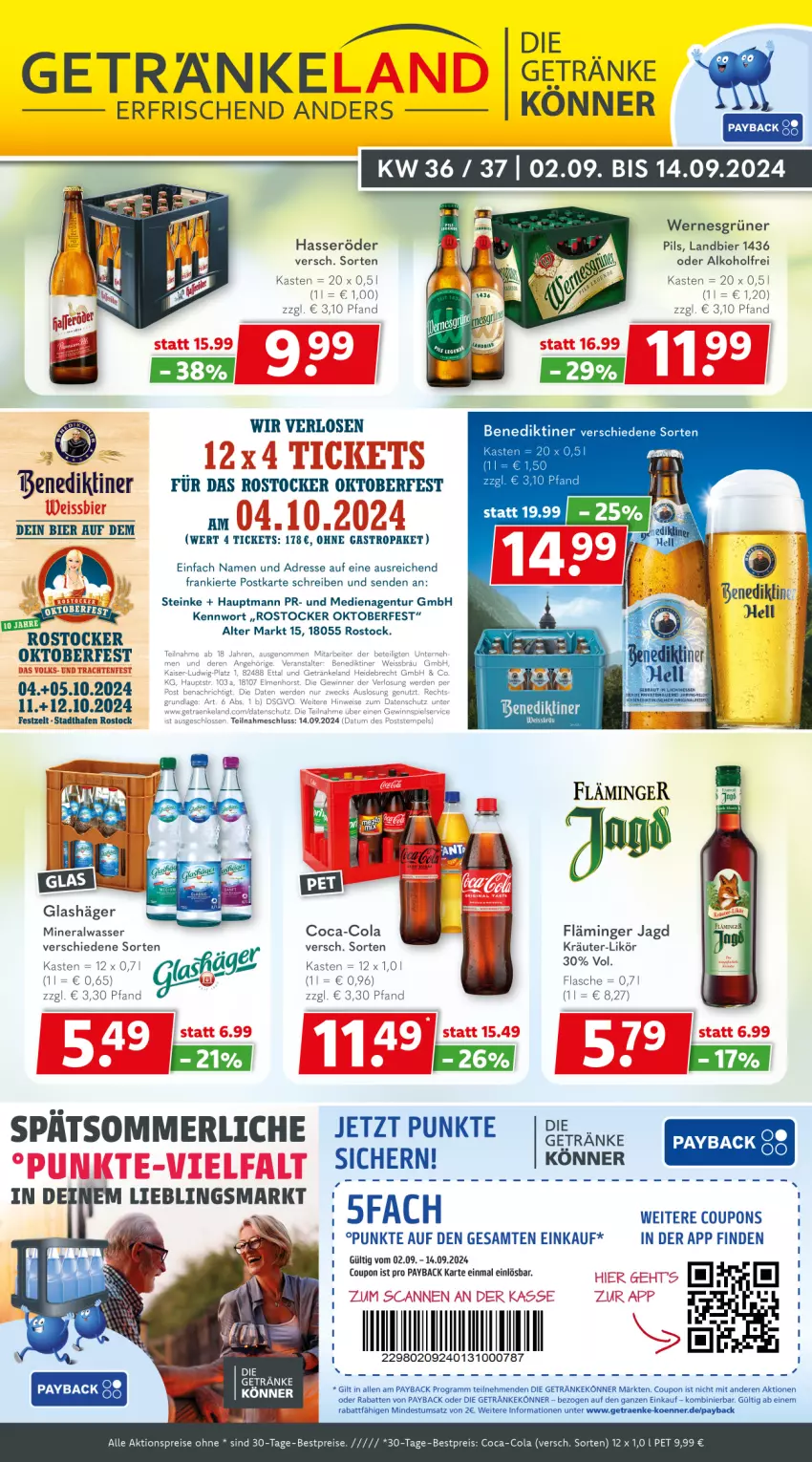 Aktueller Prospekt Getraenkeland - von 02.09 bis 14.09.2024 - strona 1 - produkty: aktionspreis, alkohol, Alwa, Benediktiner, bestpreis, bestpreise, bier, coca-cola, cola, coupon, coupons, eis, Elan, erde, flasche, getränk, getränke, gewinnspiel, hasseröder, Kaiser, kräuter, likör, merl, mineralwasser, payback, pils, reis, Rostocker, Ti, wasser, weck, Wels, Zelt