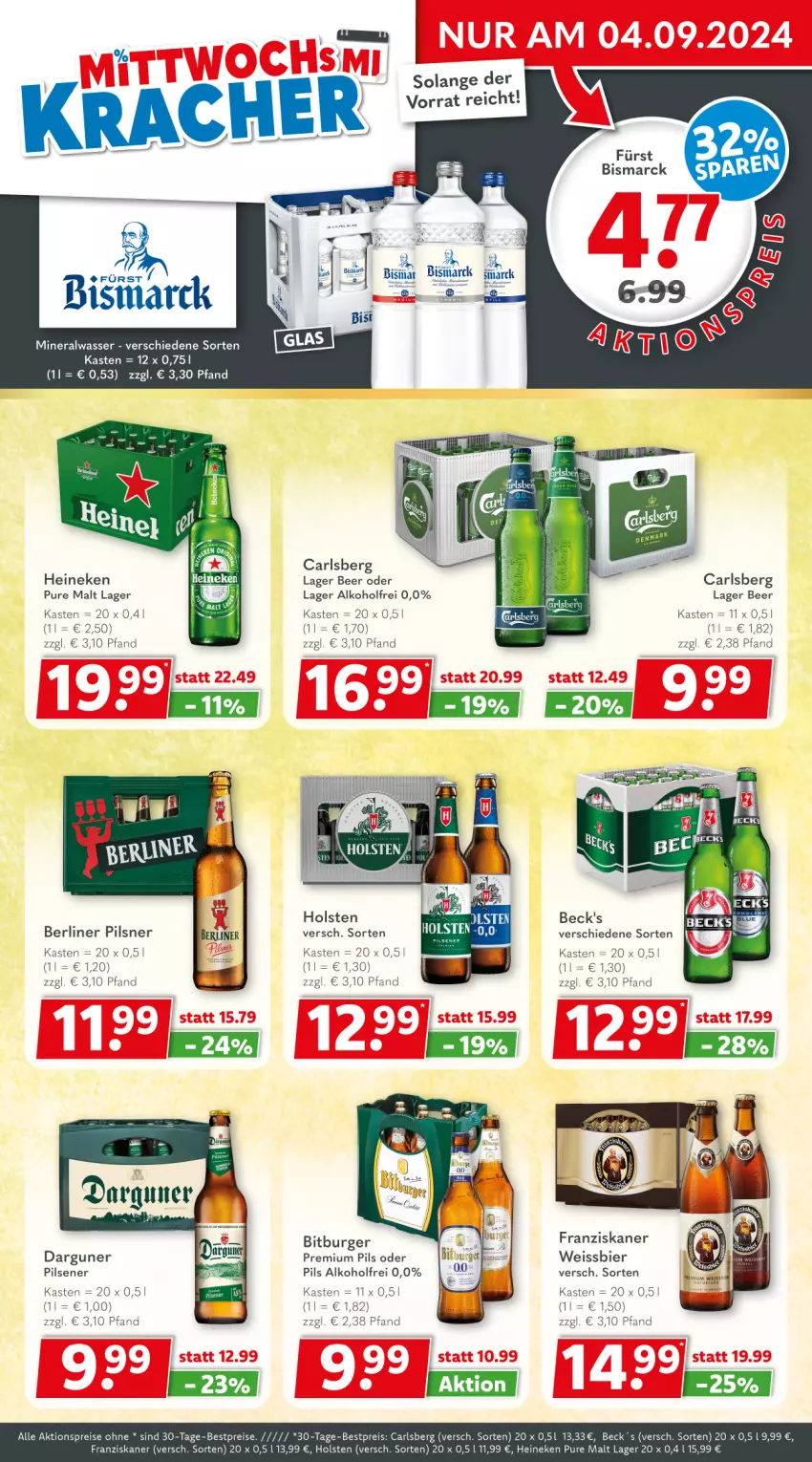 Aktueller Prospekt Getraenkeland - von 02.09 bis 14.09.2024 - strona 2 - produkty: aktionspreis, alkohol, Alwa, beck's, becks, berliner, bestpreis, bestpreise, bier, bismarck, bitburger, burger, carlsberg, eis, franziskaner, heineken, holsten, mineralwasser, pils, pilsener, pilsner, premium pils, reis, Ti, wasser, weissbier