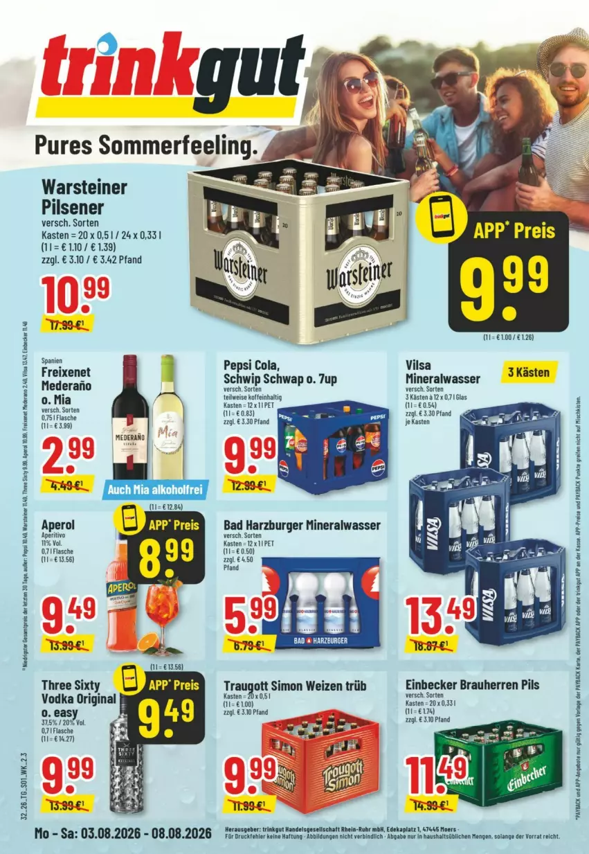 Aktueller Prospekt Trinkgut - Prospekte - von 02.08 bis 08.08.2026 - strona 1 - produkty: 7UP, Alwa, aperol, Bad, burger, cola, deka, eis, flasche, freixenet, gin, mineralwasser, payback, pepsi, Pepsi Cola, pils, pilsener, reifen, reis, Schwip Schwap, sim, steiner, Three Sixty, Ti, vilsa, vodka, warsteiner, wasser, ZTE