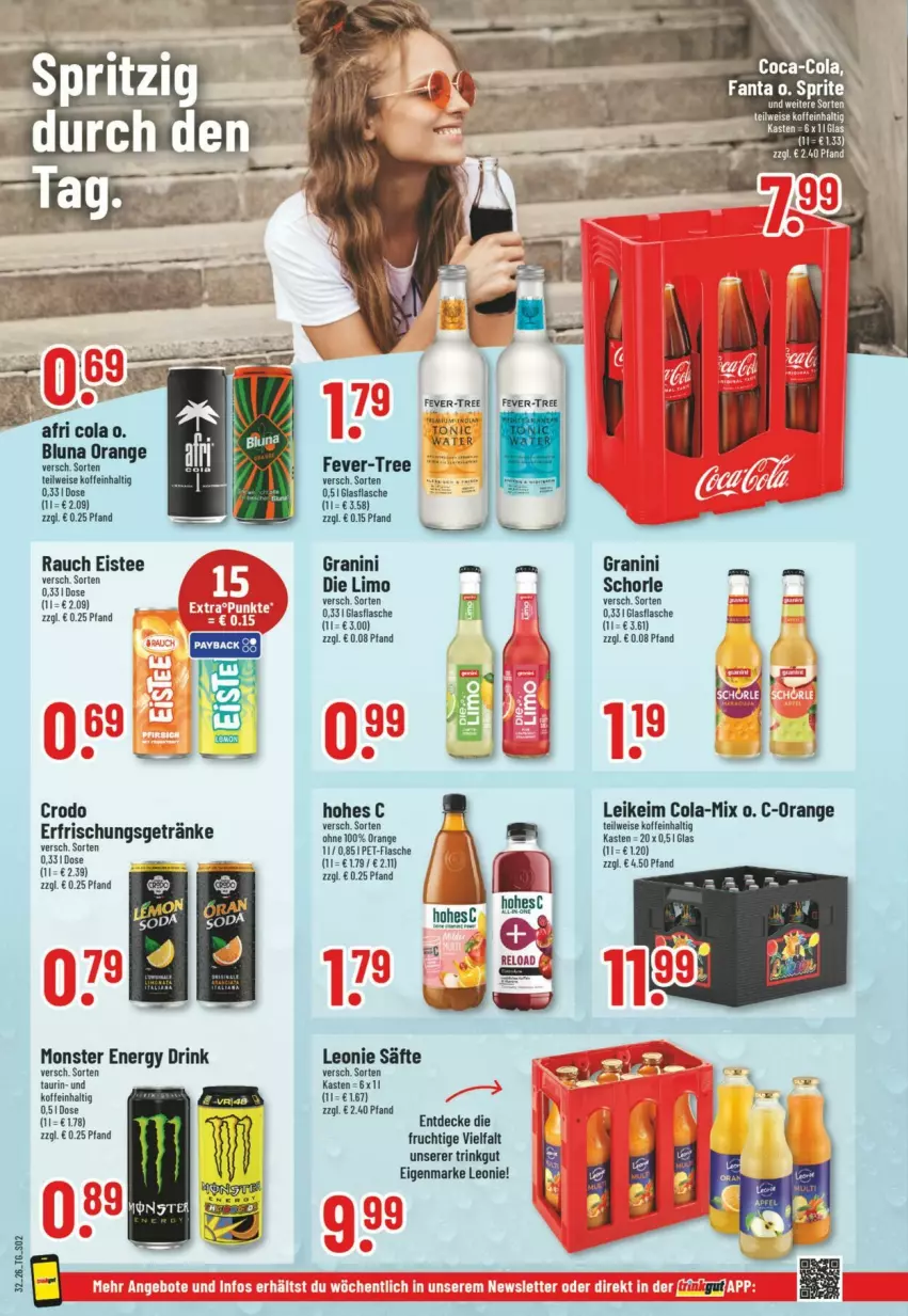Aktueller Prospekt Trinkgut - Prospekte - von 02.08 bis 08.08.2026 - strona 2 - produkty: cola, decke, drink, eis, eistee, energy drink, erfrischungsgetränk, erfrischungsgetränke, fanta, fever-tree, flasche, frucht, getränk, getränke, granini, Hohes C, limo, monster, Monster Energy, orange, pet-flasche, Rauch, säfte, schorle, sprite, tee, Ti, tonic, tonic water
