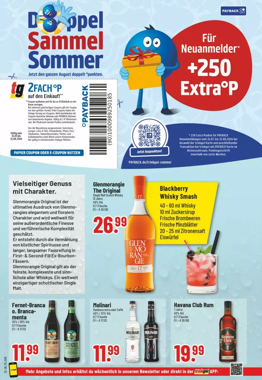 Aktueller Prospekt Trinkgut - Prospekte - von 02.08 bis 08.08.2026 - strona 8 - produkty: bourbon, caffe, coupon, Fernet, finesse, flasche, gin, Havana Club, Molinari, nuss, papier, payback, rum, sambuca, schott, scotch, scotch whisky, single malt, Ti, tisch, whisky