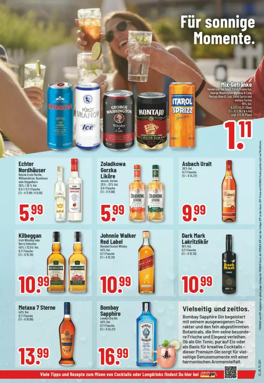 Aktueller Prospekt Trinkgut - Prospekte - von 02.08 bis 08.08.2026 - strona 9 - produkty: angebot, angebote, asbach uralt, blended scotch, blended scotch whisky, bombay sapphire, cocktail, cocktails, doppelkorn, eis, elle, ente, flasche, gin, haselnuss, irish whiskey, johnnie walker, kilbeggan, korn, Lakritz, likör, london dry, Metaxa, nuss, payback, reifen, reis, sapphire, scotch, scotch whisky, Ti, tonic, whiskey, whisky