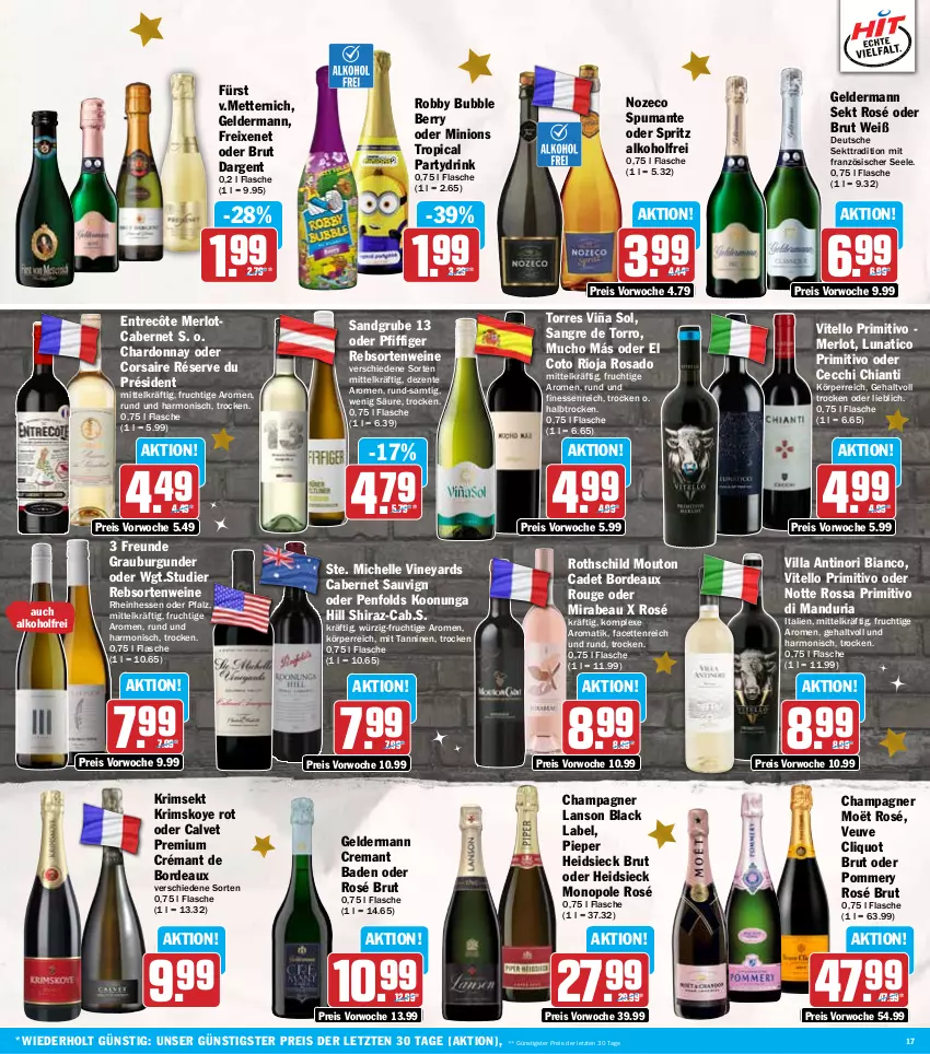 Aktueller Prospekt Hit - Wochenprospekt - von 09.12 bis 14.12.2024 - strona 17 - produkty: alkohol, Bad, black label, brut, brut dargent, burgunder, cabernet, champagne, champagner, chardonnay, chia, chianti, Corsaire, drink, eis, elle, ente, entrecôte, finesse, flasche, freixenet, frucht, geldermann, grauburgunder, lack, merl, merlot, Mett, metternich, primitivo, puma, rebsortenweine, reis, Ria, rioja, robby, rouge, sekt, spumante, Ti, wein, weine, ZTE