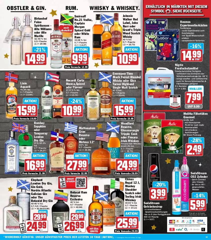 Aktueller Prospekt Hit - Wochenprospekt - von 09.12 bis 14.12.2024 - strona 19 - produkty: alkohol, aqua, aquavit, bacardi, black forest, bombay sapphire, Cap, captain morgan, Cien, coupon, dry gin, eis, ente, flasche, getränk, getränke, getränkesirup, gin, Grant‘s, irish whiskey, John Barr, johnnie walker, lack, london dry, london dry gin, mac, melitta, Metaxa, Nigrin, obst, regal, reifen, reis, Ria, rum, sapphire, scotch, scotch whisky, single malt, sirup, smirnoff, Soda, sodastream, spirituosen, Sprudel, Tanqueray, tee, Ti, Tiere, tuc, Tüte, vodka, wasser, whiskey, whisky, white rum, ZTE