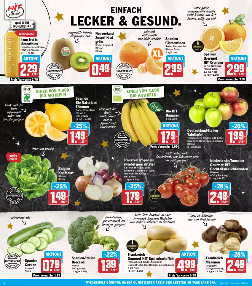 Aktueller Prospekt Hit - Wochenprospekt - von 09.12 bis 14.12.2024 - strona 2 - produkty: aus dem kühlregal, banane, bananen, berliner, bio, bio hit, broccoli, clementinen, cocktail, cocktails, eis, Elan, elle, flasche, fleisch, frucht, früchte, fruchtfleisch, glasflasche, gurke, gurken, ilag, joghur, joghurt, kartoffel, kartoffeln, kiwi, kopfsalat, kühlregal, LG, mac, natur, naturland, navelina, obst, orange, orangen, quark, Rauch, regal, reis, saft, salat, salate, Schal, Schale, shake, smoothie, smoothies, speisekartoffeln, Spezi, strauchtomaten, tafeläpfel, Ti, tomate, tomaten, true fruits, zespri, zitrone, zitronen, ZTE, zwiebel, zwiebeln