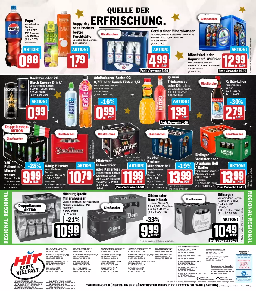 Aktueller Prospekt Hit - Wochenprospekt - von 09.12 bis 14.12.2024 - strona 20 - produkty: adelholzener, Alwa, angebot, angebote, auer, Bad, Beckers Bester, bier, bio, bitburger, braun, burger, drink, eimer, eis, eistee, elle, energy drink, Engel, erdinger, fisch, flasche, frucht, fruchtsäfte, gerolsteine, gerolsteiner, glasflasche, granini, hacker pschorr, Happy Day, Holz, kellerbier, könig pilsener, köstritzer, lack, limo, Lübecker, mineralwasser, mönchshof, natur, nuss, pepsi, pils, pilsener, radler, Rauch, reis, rel, Rockstar, säfte, san pellegrino, Sprudel, steiner, tee, Ti, uhr, wasser, ZTE