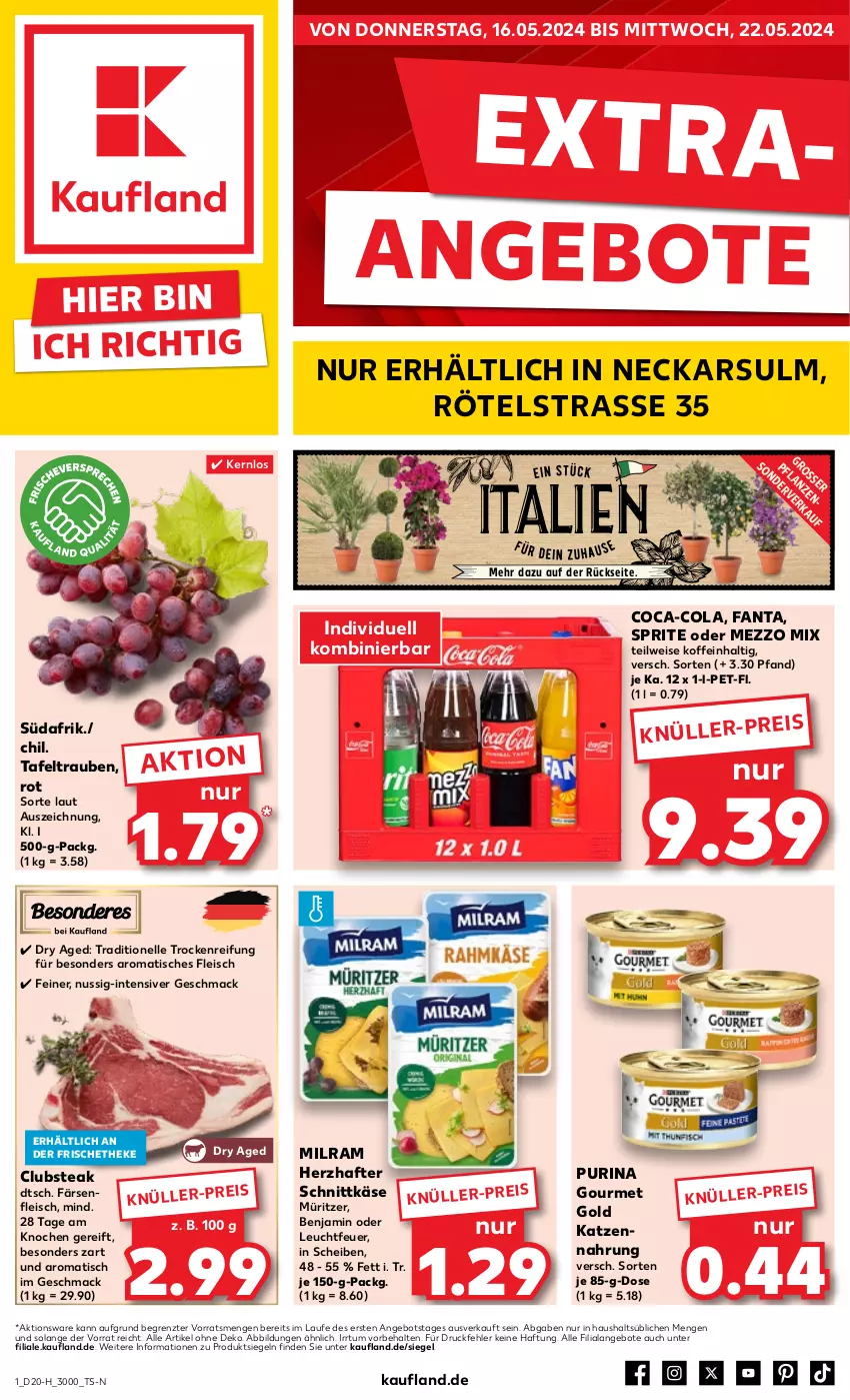 Aktueller Prospekt Kaufland - Extra-Angebote - von 16.05 bis 22.05.2024 - strona 1 - produkty: angebot, angebote, coca-cola, cola, eis, elle, fanta, fleisch, gourmet gold, Käse, katzennahrung, mac, Mezzo Mix, milram, nuss, purina, schnittkäse, senf, sprite, steak, tafeltrauben, Ti, tisch, trauben, ZTE