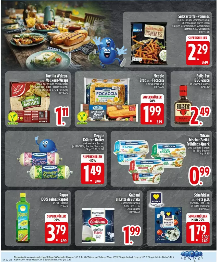 Aktueller Prospekt Edeka - Prospekte - von 26.05 bis 31.05.2025 - strona 20 - produkty: bbq-sauce, brot, butter, di bufala, eier, eis, feta, flasche, kartoffel, Käse, kräuter, kräuter-butter, latte, mac, meggle, mozzarella, pommes, quark, rapso, rapsöl, reines rapsöl, reis, rel, sauce, schafskäse, süßkartoffel-, Süßkartoffel-Pommes, Ti, tisch, tortilla, wrap, wraps, zaziki, ZTE