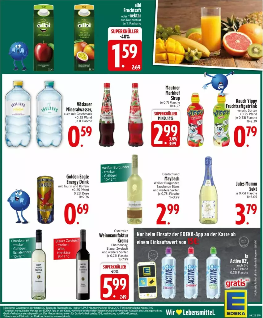 Aktueller Prospekt Edeka - Prospekte - von 26.05 bis 31.05.2025 - strona 21 - produkty: Alwa, auer, bio, blauer zweigelt, burgunder, chardonnay, deka, drink, energy drink, Faktu, flasche, frucht, fruchtsaft, fruchtsaftgetränk, getränk, jules mumm, mac, Mautner, maybach, mineralwasser, mumm, Rauch, saft, sauvignon, sauvignon blanc, Schal, Schale, sekt, sirup, Ti, Tiere, vöslauer, wasser, wein, Zweigelt
