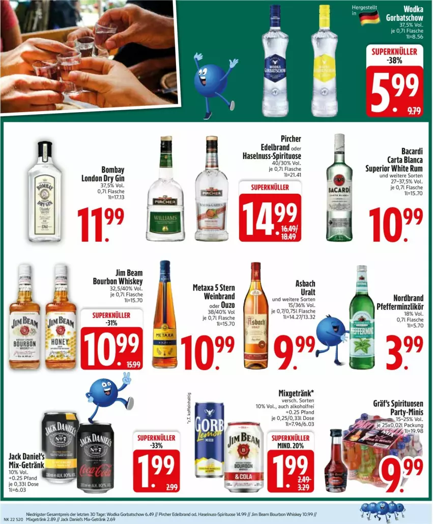 Aktueller Prospekt Edeka - Prospekte - von 26.05 bis 31.05.2025 - strona 22 - produkty: bacardi, bett, bourbon, bourbon whiskey, dry gin, eis, flasche, getränk, gin, haselnuss, jack daniel, jack daniel's, jack daniels, jim beam, likör, london dry, london dry gin, Metaxa, Mixgetränk, nordbrand, nuss, ouzo, pfeffer, pfefferminzlikör, pircher, reis, rum, whiskey, white rum, Yo, ZTE