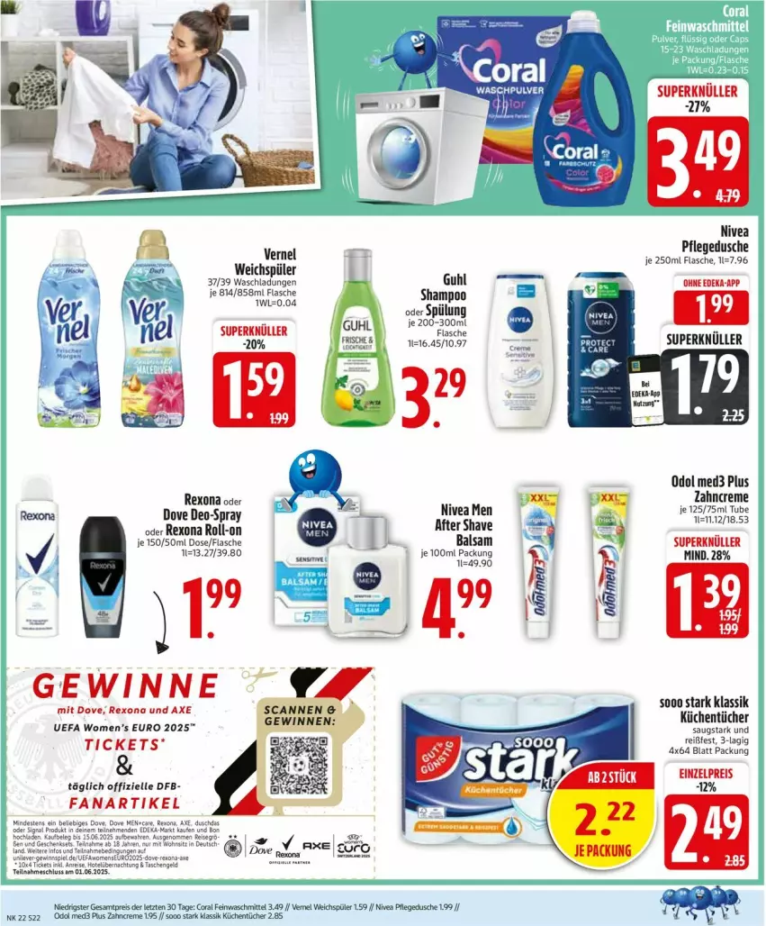 Aktueller Prospekt Edeka - Prospekte - von 26.05 bis 31.05.2025 - strona 24 - produkty: after shave, axe, creme, deo, dove, dusche, eis, elle, Fanartikel, flasche, Guhl, HP, küche, Küchen, küchentücher, LG, nivea, Nivea Men, Odol, odol med, odol med3, pflegedusche, reis, rel, rexona, roll-on, shampoo, spülung, Ti, tücher, vernel, weichspüler, zahncreme