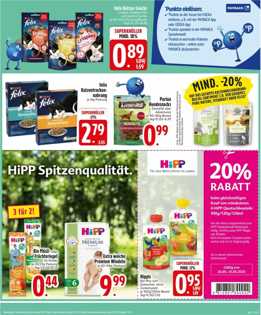 Aktueller Prospekt Edeka - Prospekte - von 26.05 bis 31.05.2025 - strona 25 - produkty: adventuros, beutel, bio, deka, felix, hipp, hundesnack, hundesnacks, payback, purina, quetschbeutel, snack, snacks, Ti, windeln