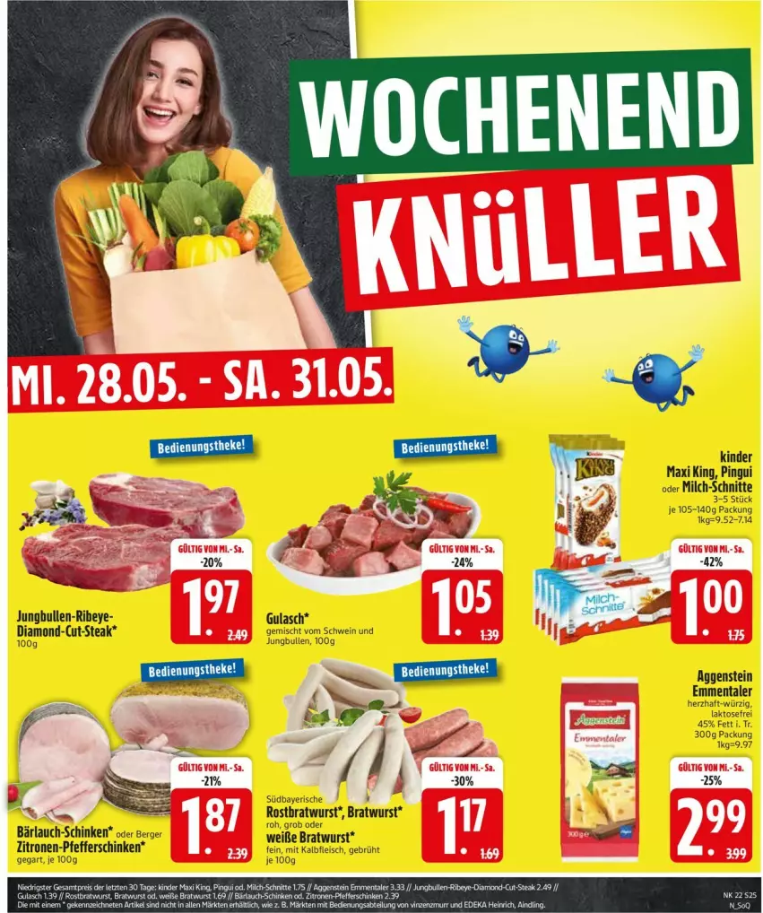 Aktueller Prospekt Edeka - Prospekte - von 26.05 bis 31.05.2025 - strona 27 - produkty: Berger, bratwurst, eis, emmentaler, fleisch, gulasch, jungbullen, Kalbfleisch, Kinder, Kinder Maxi, kinder maxi king, milch, milch-schnitte, mit kalbfleisch, pfeffer, pingui, rostbratwurst, schinken, schwein, steak, wein, wurst, zitrone, zitronen