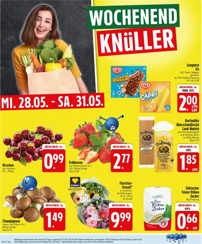 Aktueller Prospekt Edeka - Prospekte - von 26.05 bis 31.05.2025 - strona 28 - produkty: beere, beeren, beutel, braun, Cap, champignon, champignons, champignons braun, eier, eis, erdbeere, erdbeeren, hartweizen, kirsch, kirsche, kirschen, langnese, langnese eis, nogger, nudel, nudeln, Schal, Schale, südzucker, zucker
