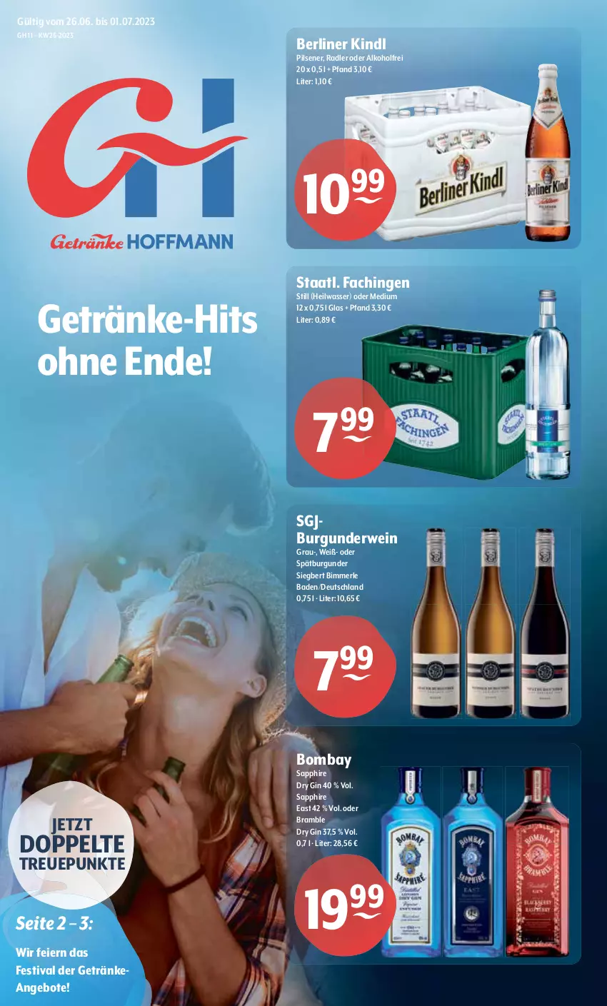 Aktueller Prospekt Getraenke Hoffmann - Prospekte - von 26.06 bis 01.07.2023 - strona 1 - produkty: alkohol, angebot, angebote, Bad, berliner, berliner kindl, burgunder, dry gin, eier, getränk, getränke, gin, merl, pils, pilsener, radler, rwe, sapphire, spätburgunder, Staatl. Fachingen, Ti, wasser, wein