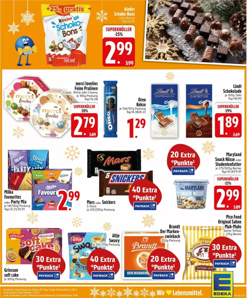 Aktueller Prospekt Edeka - Prospekte - von 24.11 bis 29.11.2025 - strona 23 - produkty: Becher, beutel, brandt, deka, ente, gin, griesson, keks, kekse, lindt, mars, merci, oreo, pralinen, sahne, schoko, schokolade, snack, snickers, studentenfutter