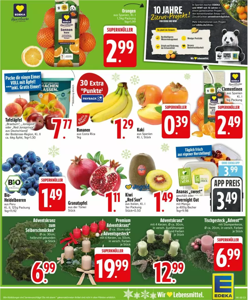 Aktueller Prospekt Edeka - Prospekte - von 24.11 bis 29.11.2025 - strona 5 - produkty: Adventskranz, ananas, apfel, banane, bananen, Becher, beere, beeren, bio, ente, frucht, grana, granatapfel, heidelbeere, heidelbeeren, kerze, kiwi, Kranz, LG, mango, Rana, tafeläpfel, Ti, tisch