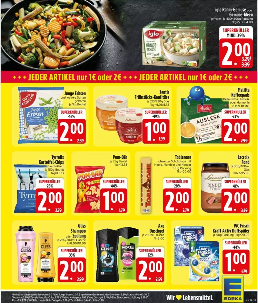 Aktueller Prospekt Edeka - Prospekte - von 24.11 bis 29.11.2025 - strona 7 - produkty: axe, axe duschgel, chips, duschgel, gliss, kaffee, kaffeepads, kartoffel, konfitüre, kraft, melitta, pom-bär, rel, shampoo, spülung, tee, Ti, toblerone, zentis