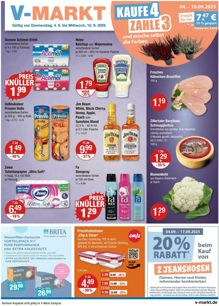 Aktueller Prospekt Vmarkt - Prospekte - von 04.09 bis 10.09.2025 - strona 1 - produkty: angebot, angebote, Apple, bett, blume, blumen, blumenkohl, brita, brustfilet, deo, deospray, drink, filet, hähnchen-brustfilet, jim beam, kaffee, Käse, Kinder, lack, LG, mac, schnittkäse, sunshine, tee, Ti, tisch, wasser, wasserfilter