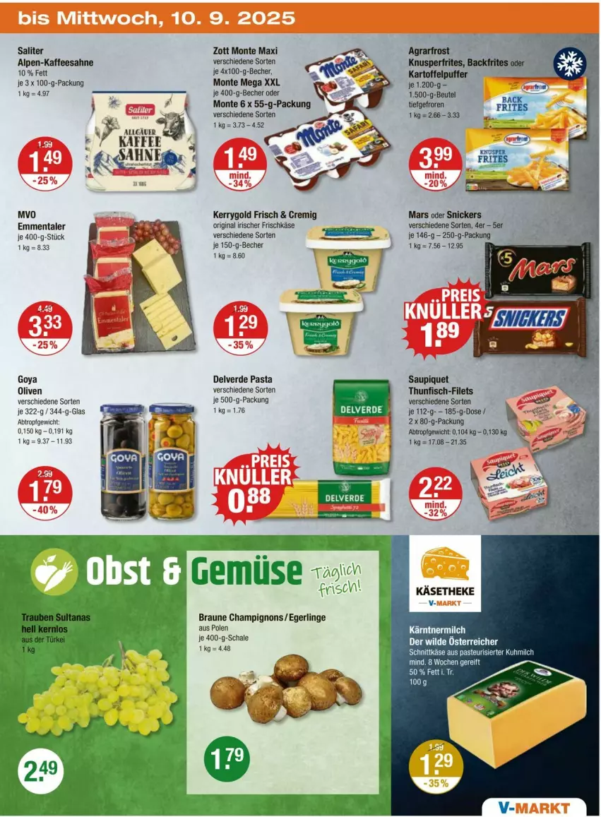 Aktueller Prospekt Vmarkt - Prospekte - von 04.09 bis 10.09.2025 - strona 19 - produkty: agrarfrost, Becher, beutel, braun, champignon, champignons, deo, eis, emmentaler, erde, filet, filets, fisch, frischkäse, gin, kaffee, kartoffel, kartoffelpuffer, Käse, käsetheke, kerrygold, mars, milch, monte, olive, oliven, pasta, reis, sahne, saliter, saupiquet, schnittkäse, snickers, thunfisch, Ti, Wild, zott, Zott Monte