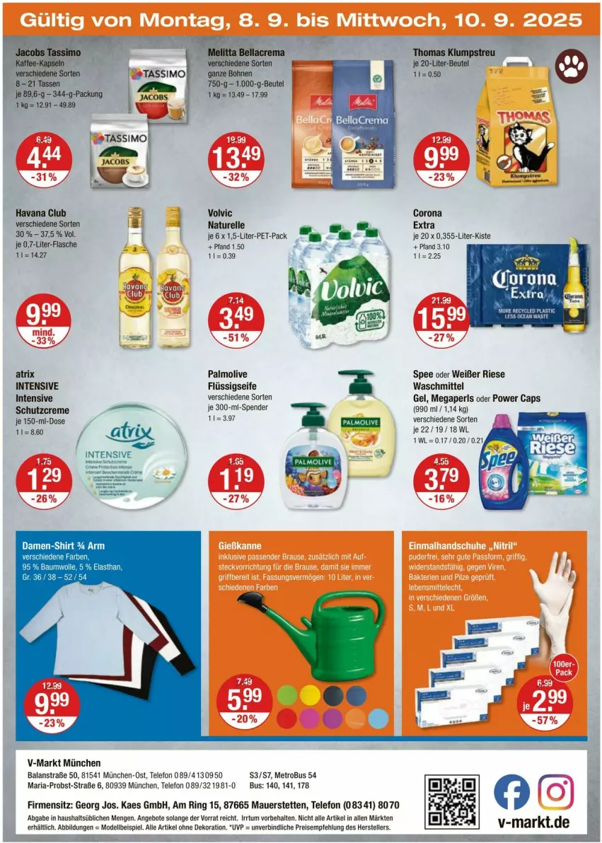Aktueller Prospekt Vmarkt - Prospekte - von 04.09 bis 10.09.2025 - strona 20 - produkty: alle artikel ohne dekoration, angebot, angebote, Atrix, auer, Bau, baumwolle, bellacrema, beutel, bohne, bohnen, Cap, corona, corona extra, creme, damen-shirt, dekoration, dell, eis, elle, flasche, flüssigseife, Havana Club, jacobs, kaes, kaffee, kaffee-kapseln, klumpstreu, megaperls, melitta, Metro, Mode, natur, obst, olive, palmolive, reis, rel, Ria, ring, Schutzcreme, Seife, shirt, spee, tasse, telefon, teller, Ti, volvic, waschmittel, wolle