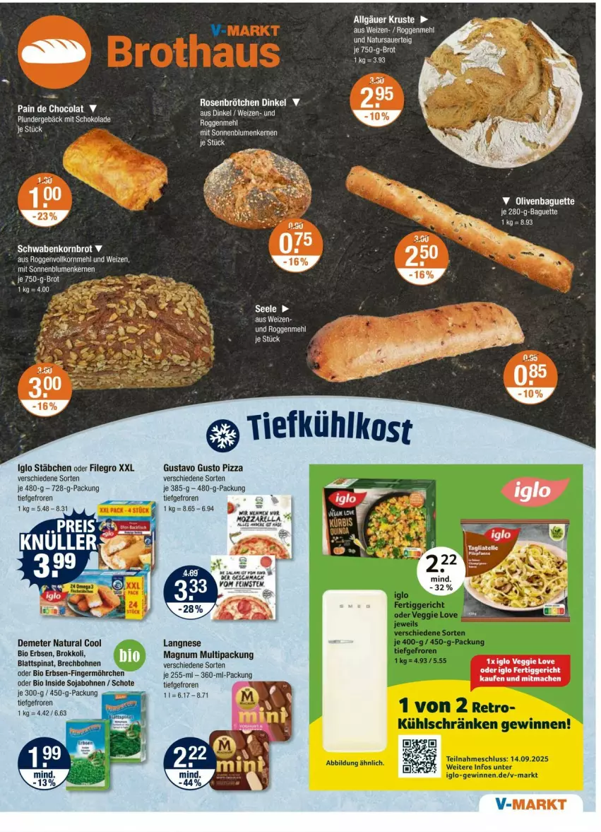 Aktueller Prospekt Vmarkt - Prospekte - von 04.09 bis 10.09.2025 - strona 5 - produkty: auer, baguette, bio, blattspinat, blume, blumen, bohne, bohnen, brokkoli, brot, brötchen, cola, eier, erbsen, filegro, Germ, iglo, korn, Kornbrot, langnese, LG, mac, magnum, natur, natura, pizza, Plunder, rosen, schoko, schokolade, soja, sonnenblume, sonnenblumen, Sonnenblumenkerne, sonnenblumenkernen, spinat, Ti, tiefkühlkost