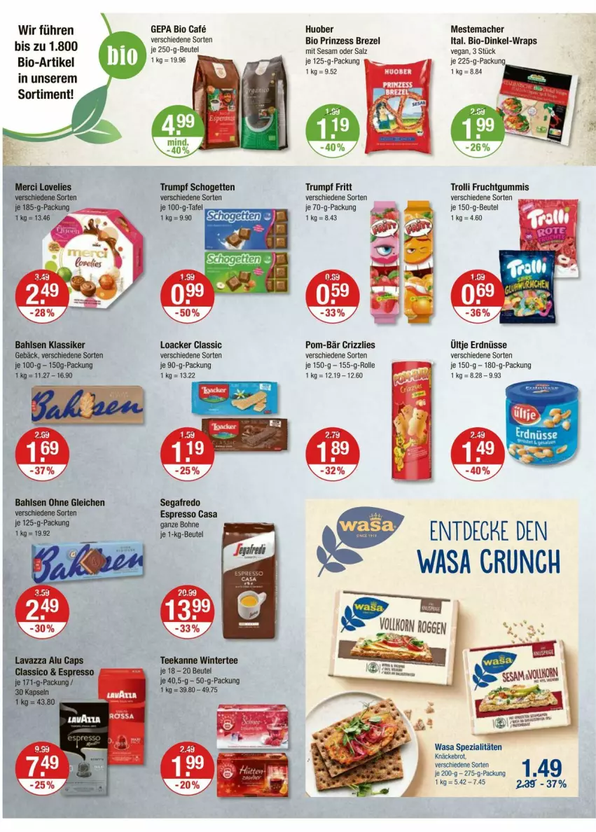 Aktueller Prospekt Vmarkt - Prospekte - von 04.09 bis 10.09.2025 - strona 8 - produkty: bahlsen, beutel, bio, bohne, brezel, brot, erdnüsse, espresso, frucht, fruchtgummi, fruchtgummis, huober, knäckebrot, mac, mestemacher, pom-bär, rum, salz, Segafredo, sesam, Spezi, tee, teekanne, Ti, trolli, trolli fruchtgummi, wasa, wrap, wraps
