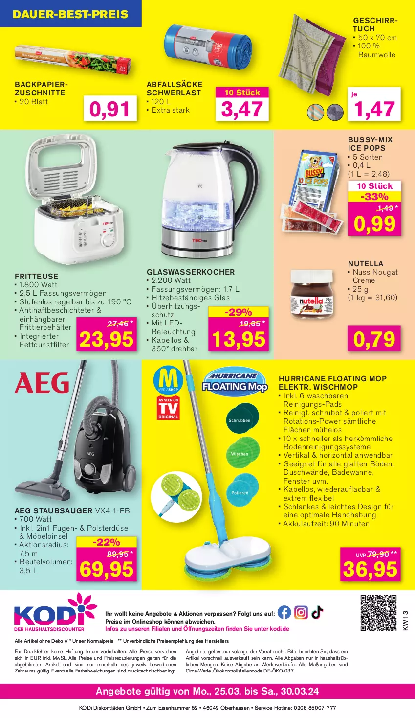 Aktueller Prospekt Kodi - Prospekte - von 25.03 bis 31.03.2024 - strona 8 - produkty: aeg, akku, angebot, angebote, auer, Bad, Badewanne, Bau, baumwolle, Behälter, beleuchtung, beutel, creme, eis, elle, fenster, fritteuse, geschirr, geschirrtuch, Kocher, latte, lenco, LG, möbel, nougat creme, nuss, nutella, papier, Pinsel, Reinigung, reis, staubsauger, teller, Ti, tuc, Wanne, wasser, wasserkocher, wolle