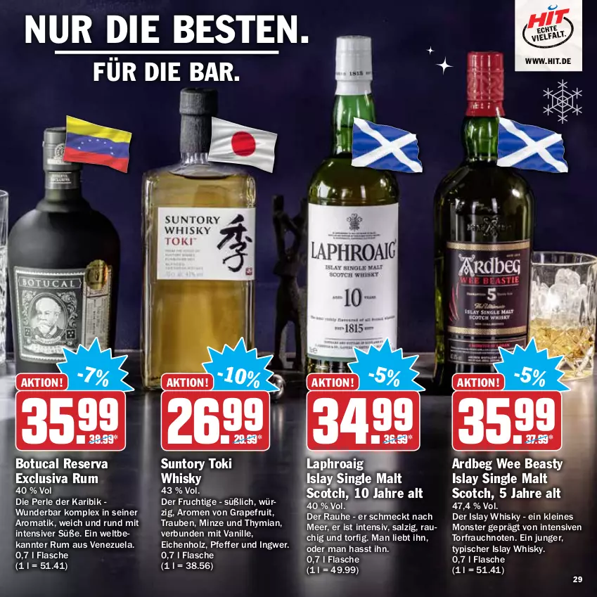 Aktueller Prospekt Hit - Prospekte - von 29.11 bis 31.12.2021 - strona 29 - produkty: Ardbeg, flasche, frucht, grapefruit, Holz, ingwer, islay single malt, laphroaig, leine, minze, monster, pfeffer, Rauch, rum, salz, scotch, single malt, Ti, trauben, tuc, vanille, whisky