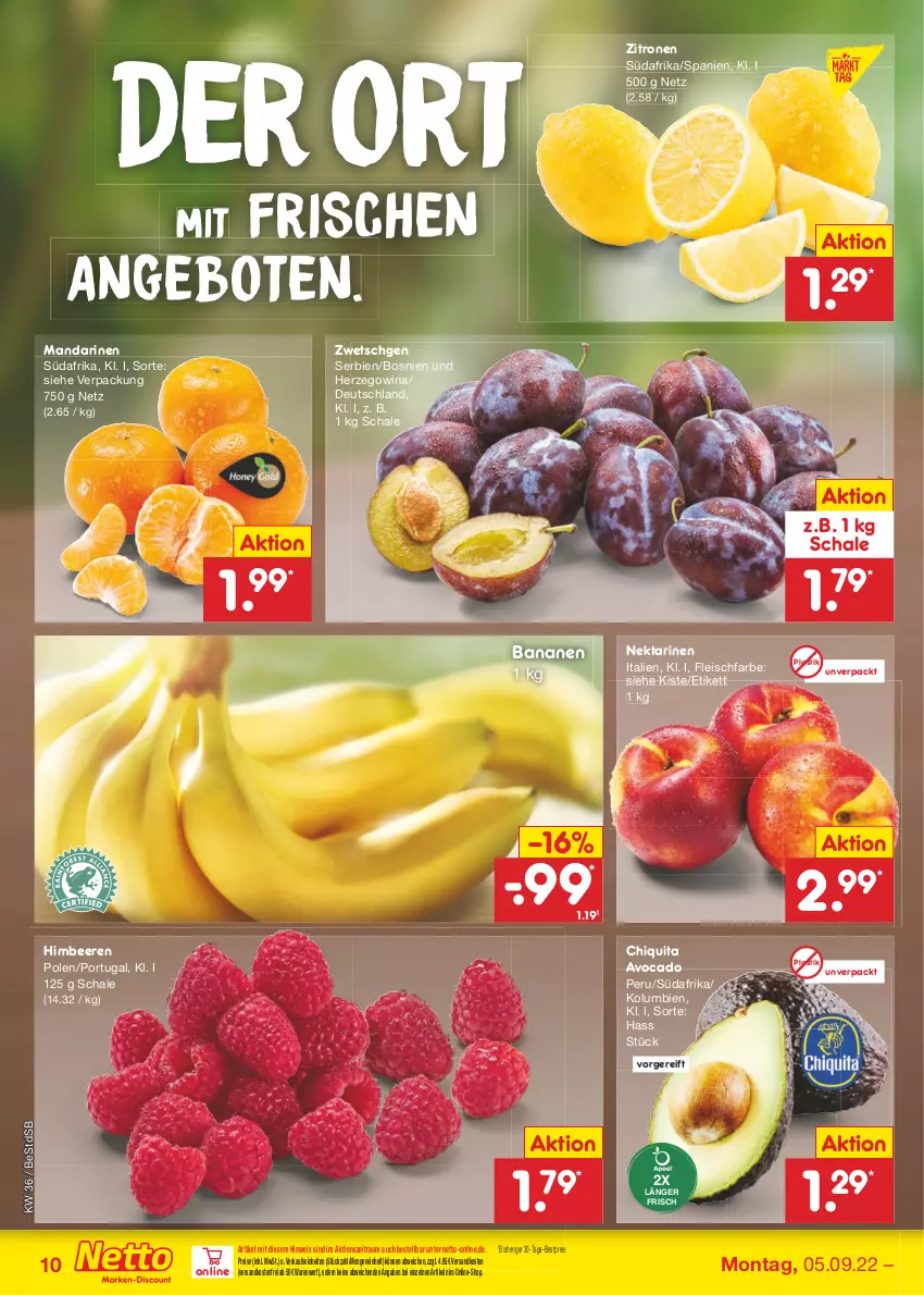 Aktueller Prospekt Netto Marken-Discount - Filial-Angebote - von 05.09 bis 10.09.2022 - strona 10 - produkty: angebot, angebote, asti, avocado, banane, bananen, beere, beeren, bestpreis, chiquita, eis, fleisch, himbeer, himbeere, himbeeren, mandarine, mandarinen, ndk, Nektar, nektarinen, reis, Schal, Schale, Ti, versandkostenfrei, zitrone, zitronen