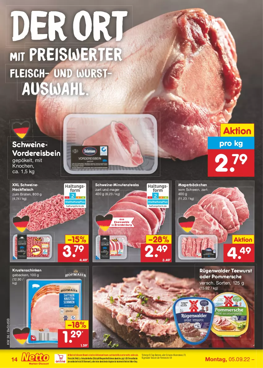 Aktueller Prospekt Netto Marken-Discount - Filial-Angebote - von 05.09 bis 10.09.2022 - strona 14 - produkty: bestpreis, braten, eis, fleisch, geback, hackfleisch, Krustenschinken, minutensteaks, ndk, Pommersche, reis, rügenwalder, schinken, schwein, schweine, Schweinehackfleisch, steak, steaks, tee, teewurst, Ti, versandkostenfrei, wein, weine, wurst