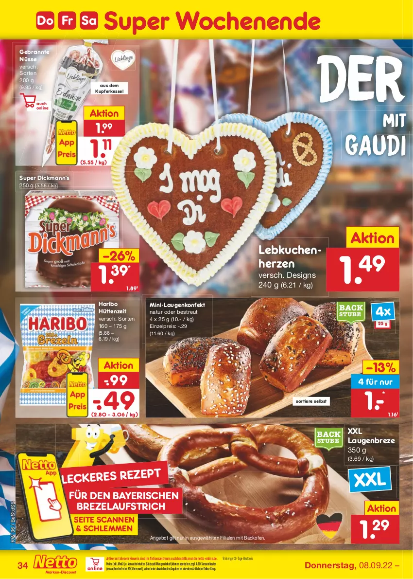 Aktueller Prospekt Netto Marken-Discount - Filial-Angebote - von 05.09 bis 10.09.2022 - strona 34 - produkty: angebot, aufstrich, backofen, bestpreis, brezel, eis, haribo, kuchen, Lebkuchen, natur, ndk, Ofen, reis, stube, Ti, Tiere, versandkostenfrei