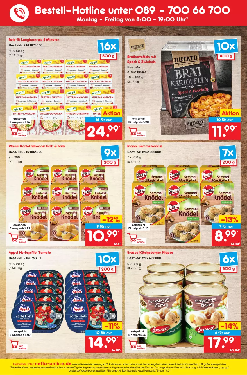 Aktueller Prospekt Netto Marken-Discount - Filial-Angebote - von 05.09 bis 10.09.2022 - strona 50 - produkty: angebot, Berger, bestpreis, eis, erasco, filet, hering, Herings, kartoffel, Kartoffelknödel, kartoffeln, Knödel, Königsberger Klopse, korn, Langkornreis, ndk, pfanni, reis, reis-fit, ring, Semmel, Semmelknödel, Speck, Ti, tomate, uhr, versandkostenfrei, ZTE, zwiebel, zwiebeln