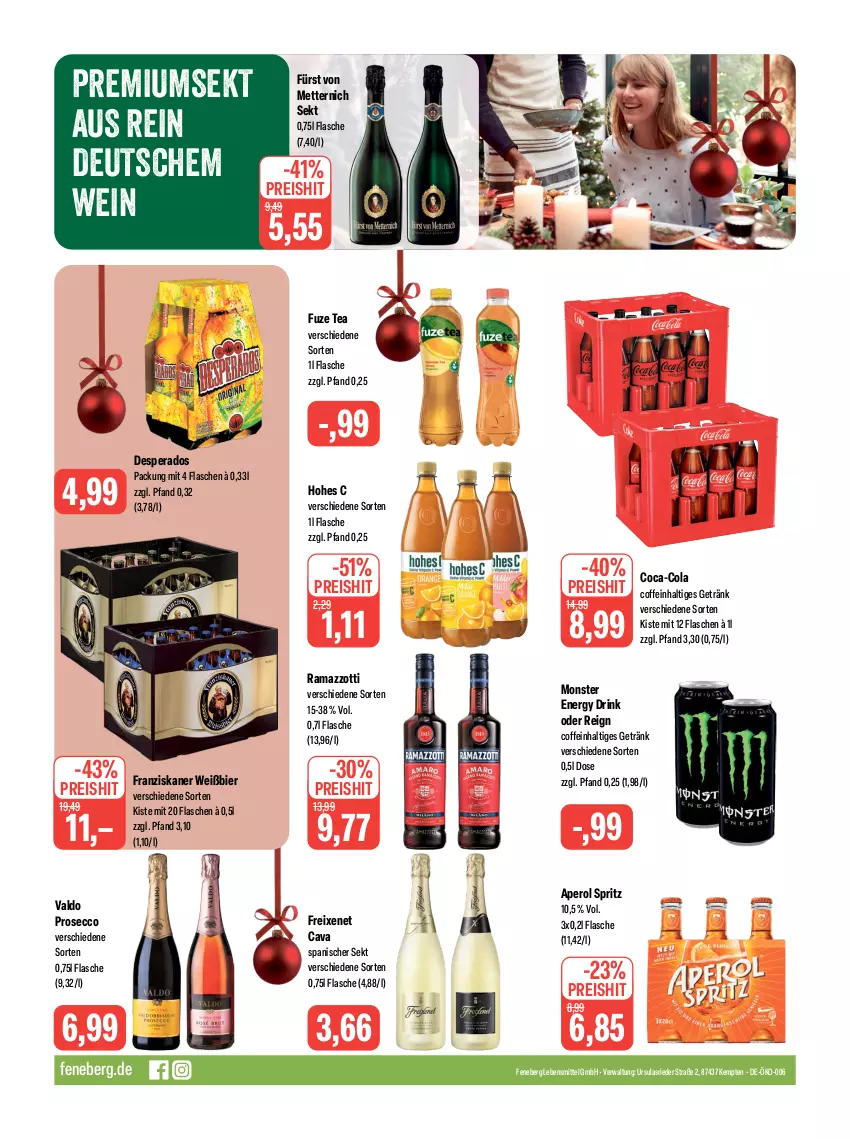 Aktueller Prospekt Feneberg - Prospekte - von 21.12 bis 23.12.2023 - strona 16 - produkty: aperol, bier, Cava, coca-cola, coffein, cola, desperados, drink, ecco, eis, energy drink, flasche, franziskaner, freixenet, fürst von metternich, fuze tea, getränk, Hohes C, lebensmittel, Mett, metternich, monster, Monster Energy, prosecco, rama, ramazzott, ramazzotti, reis, sekt, Ti, valdo, wein, zott