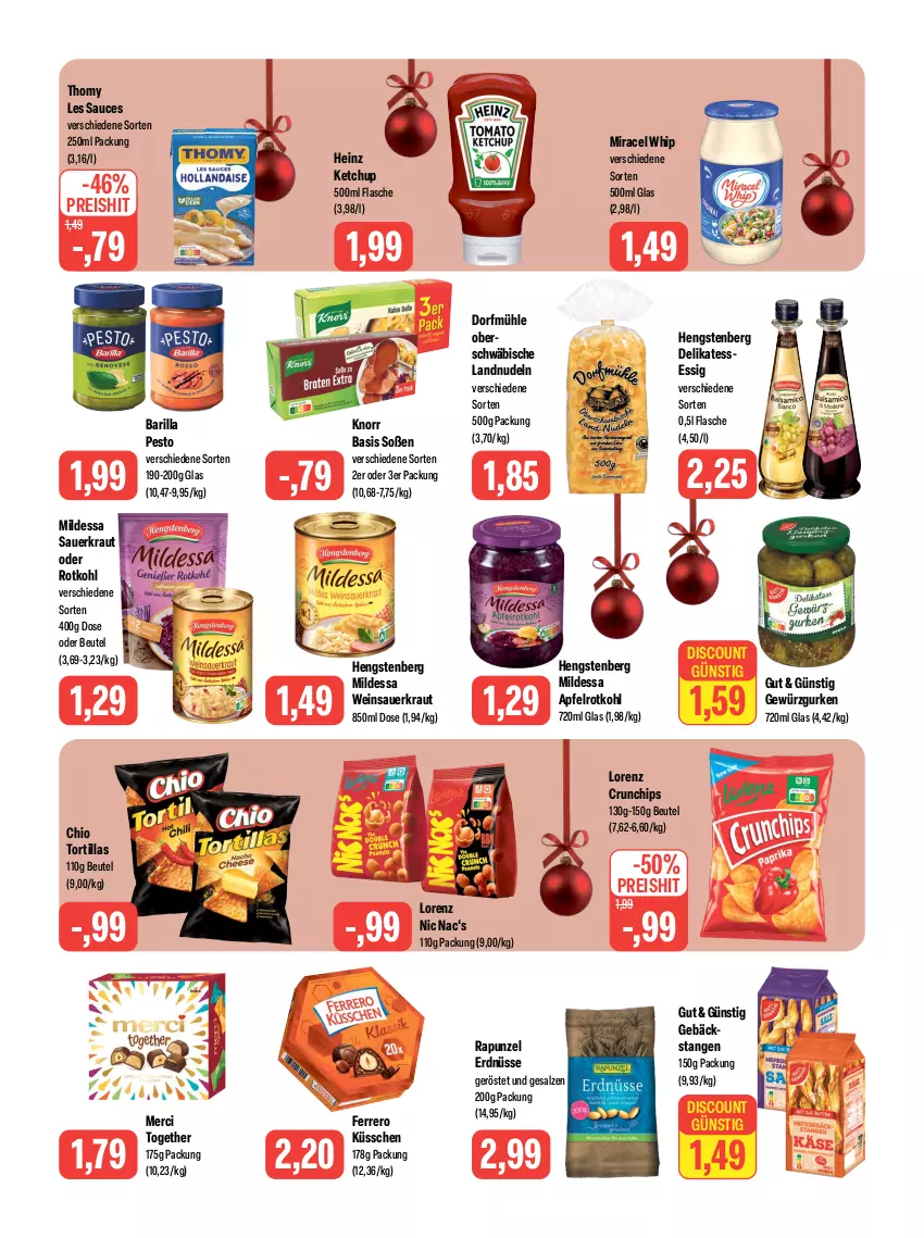 Aktueller Prospekt Feneberg - Prospekte - von 21.12 bis 23.12.2023 - strona 9 - produkty: apfel, auer, barilla, beutel, chips, crunchips, discount, eis, erdnüsse, essig, ferrero, Ferrero Küsschen, flasche, gewürz, Gewürzgurke, gewürzgurken, gurke, gurken, heinz, hengstenberg, ketchup, knorr, Kraut, lorenz, lorenz crunchips, merci, miracel, miracel whip, nudel, nudeln, pesto, reis, rotkohl, salz, sauce, Sauerkraut, Soße, thomy, thomy les sauces, Ti, tortilla, tortillas, wein, Weinsauerkraut