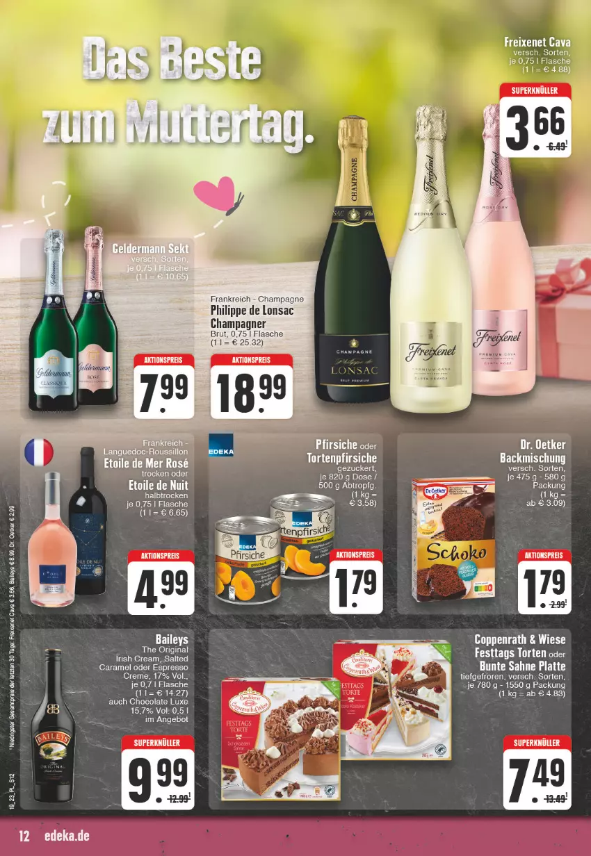 Aktueller Prospekt E Center - Angebote der Woche - von 08.05 bis 13.05.2023 - strona 12 - produkty: aktionspreis, angebot, backmischung, baileys, brut, caramel, Cava, champagne, champagner, cola, creme, eis, espresso, Festtags Torte, flasche, freixenet, latte, oder espresso, pfirsich, pfirsiche, reis, sac, sahne, Ti, torte, zucker