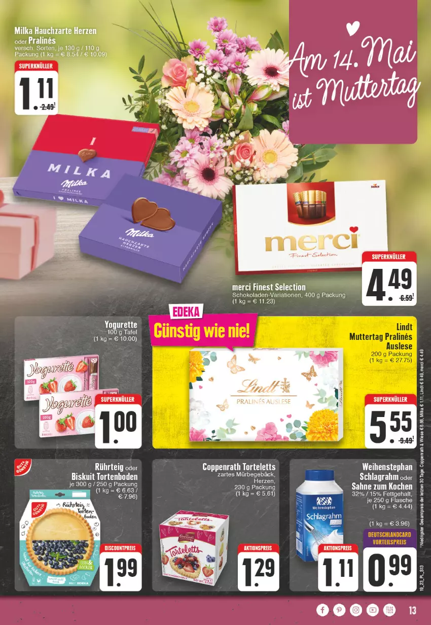 Aktueller Prospekt E Center - Angebote der Woche - von 08.05 bis 13.05.2023 - strona 13 - produkty: aktionspreis, coppenrath, eis, flasche, lindt, merci, milka, reis, Ria, sahne, schlagrahm, schoko, schokolade, schokoladen, Ti, torte, weihenstephan, ZTE