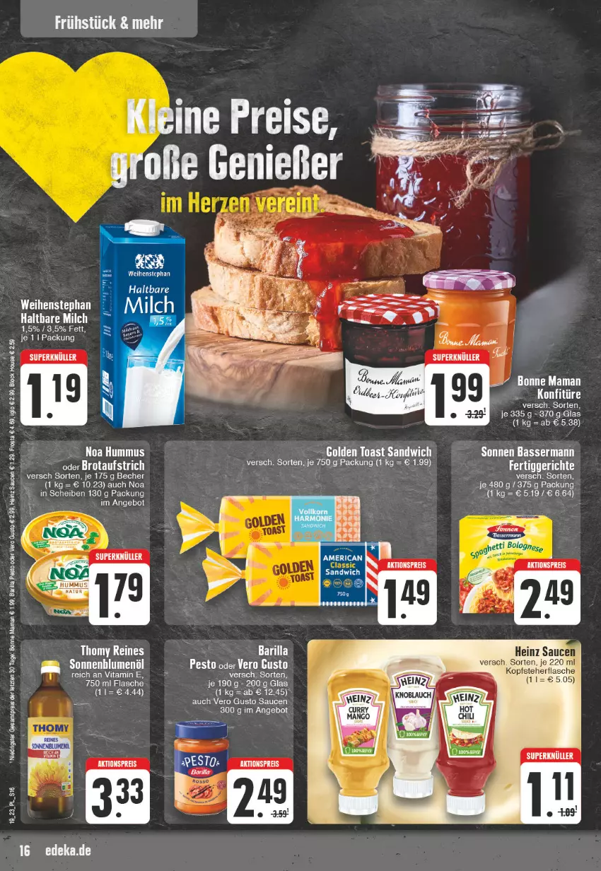 Aktueller Prospekt E Center - Angebote der Woche - von 08.05 bis 13.05.2023 - strona 16 - produkty: angebot, aufstrich, barilla, Becher, bonne maman, brot, brotaufstrich, deka, eis, fertiggericht, fertiggerichte, flasche, frosta, golden toast, haltbare milch, heinz, iglo, konfitüre, mam, milch, pesto, reis, sandwich, sauce, saucen, Ti, toast, weihenstephan, ZTE