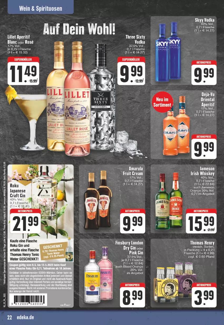 Aktueller Prospekt E Center - Angebote der Woche - von 08.05 bis 13.05.2023 - strona 22 - produkty: aktionspreis, angebot, aperitif, bett, Betten, eier, eis, fisch, fische, flasche, gallo, gin, irish whiskey, jameson, lillet, orange, reis, spirituosen, thomas henry, Three Sixty, Ti, tonic, vodka, wein, whiskey, ZTE