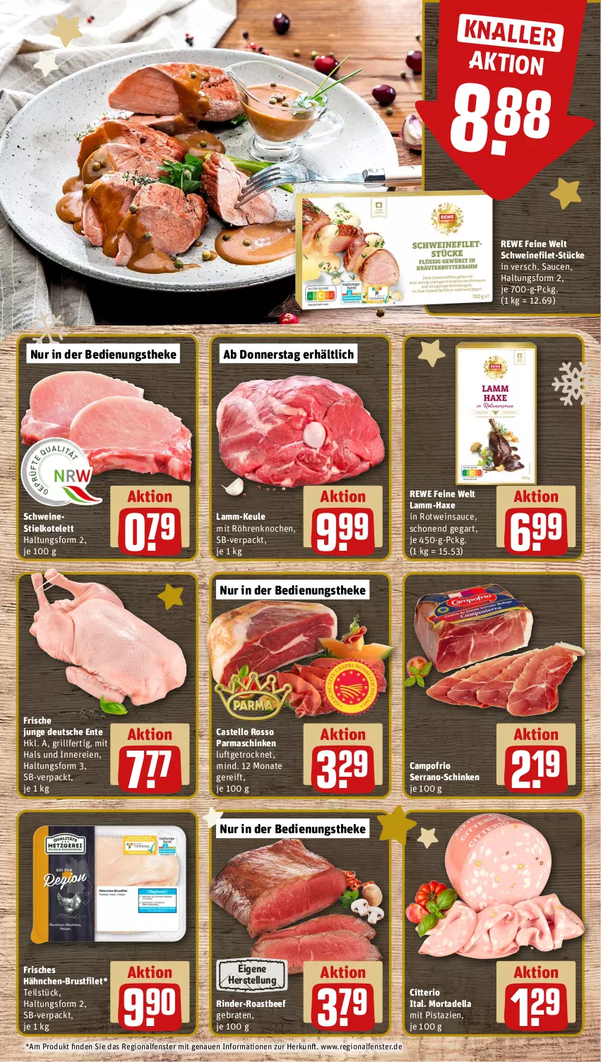 Aktueller Prospekt Rewe - Prospekte - von 18.12 bis 23.12.2023 - strona 10 - produkty: axe, beef, braten, brustfilet, campofrio, dell, ente, fenster, filet, grill, hähnchen-brustfilet, Haxe, kotelett, lamm, mit pistazien, mortadella, parmaschinken, pistazien, rewe feine welt, rind, rinder, roastbeef, rotwein, sauce, saucen, schinken, schwein, schweine, schweinefilet, serrano, Ti, wein, weine