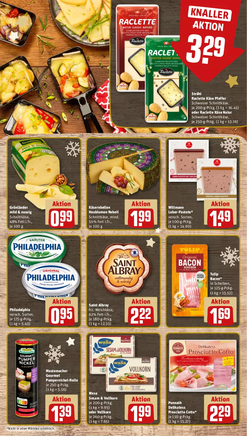 Aktueller Prospekt Rewe - Prospekte - von 18.12 bis 23.12.2023 - strona 11 - produkty: albray, bacon, blume, blumen, elle, grünländer, Heu, Käse, Käserebellen, korn, Leber-Pastete, mac, mestemacher, natur, nuss, pastete, pfeffer, philadelphia, ponnath, prosciutto, prosciutto cotto, Pumpernickel, Raclette Käse, rebell, saint albray, schnittkäse, schweizer schnittkäse, sesam, Ti, tulip, wasa, weichkäse, wiltmann