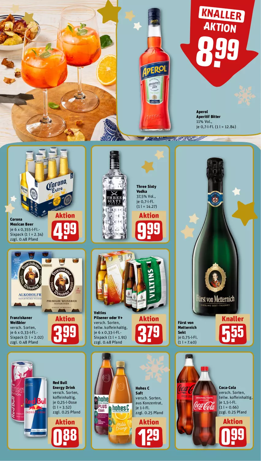 Aktueller Prospekt Rewe - Prospekte - von 18.12 bis 23.12.2023 - strona 14 - produkty: aperitif, aperol, bier, coca-cola, cola, corona, drink, energy drink, franziskaner, fürst von metternich, Hohes C, Mett, metternich, pils, pilsener, red bull, saft, sekt, Three Sixty, Ti, veltins, veltins pilsener, vodka