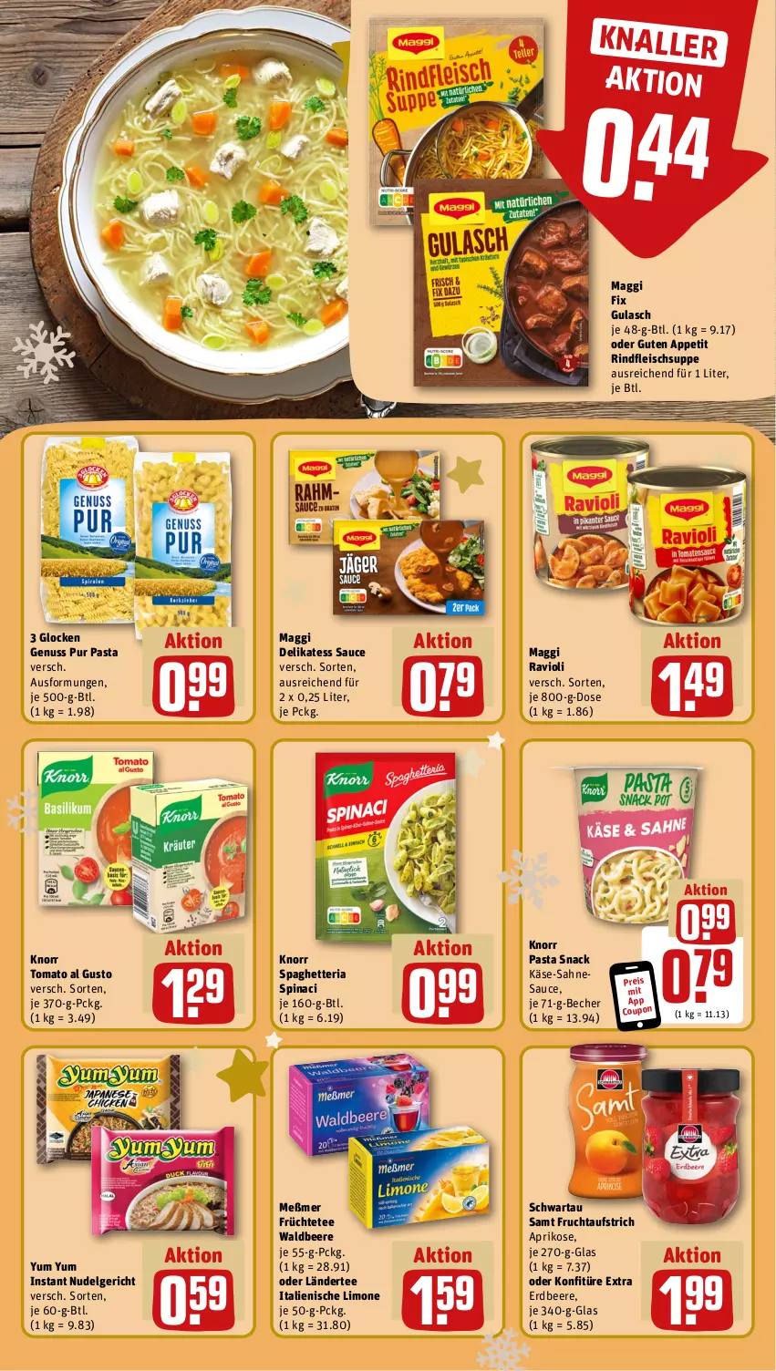 Aktueller Prospekt Rewe - Prospekte - von 18.12 bis 23.12.2023 - strona 18 - produkty: aprikose, aufstrich, Becher, beere, coupon, delikatess sauce, eis, erdbeere, fleisch, frucht, fruchtaufstrich, früchte, Früchtetee, gulasch, Käse, knorr, knorr pasta, konfitüre, konfitüre extra, Ländertee, LG, limo, maggi, maggi fix, Meßmer, nudel, Nudelgericht, nuss, pasta, pasta snack, ravioli, reis, Ria, rind, rindfleisch, sahne, sauce, Schwartau, snack, suppe, tee, Ti, tomato al gusto, Yum Yum