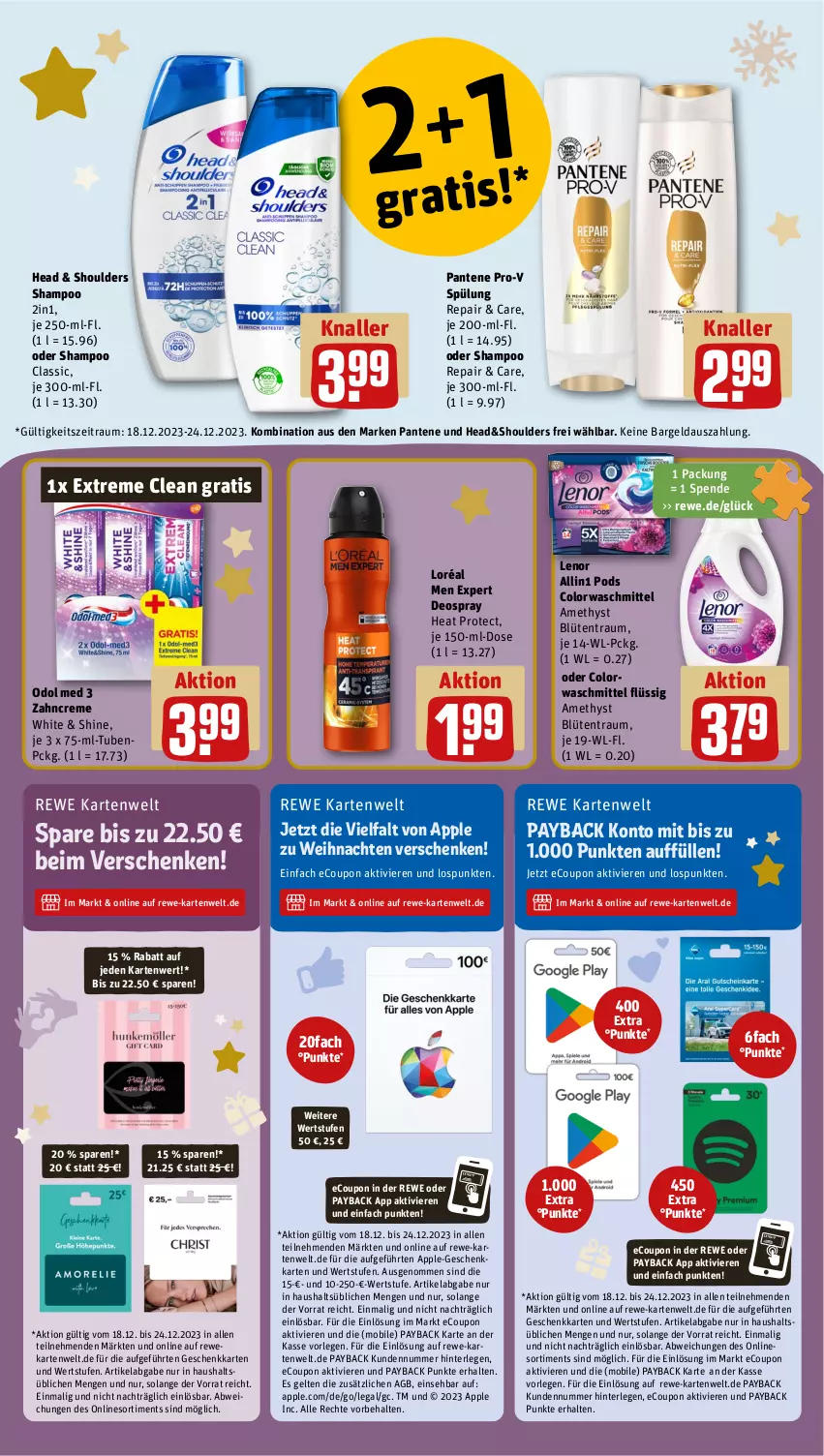 Aktueller Prospekt Rewe - Prospekte - von 18.12 bis 23.12.2023 - strona 20 - produkty: Apple, Blüte, colorwaschmittel, coupon, creme, deo, deospray, lenor, Odol, odol med, pantene, pantene pro-v, payback, Pods, pro-v, shampoo, spülung, Ti, waschmittel, weihnachten, weka, zahncreme