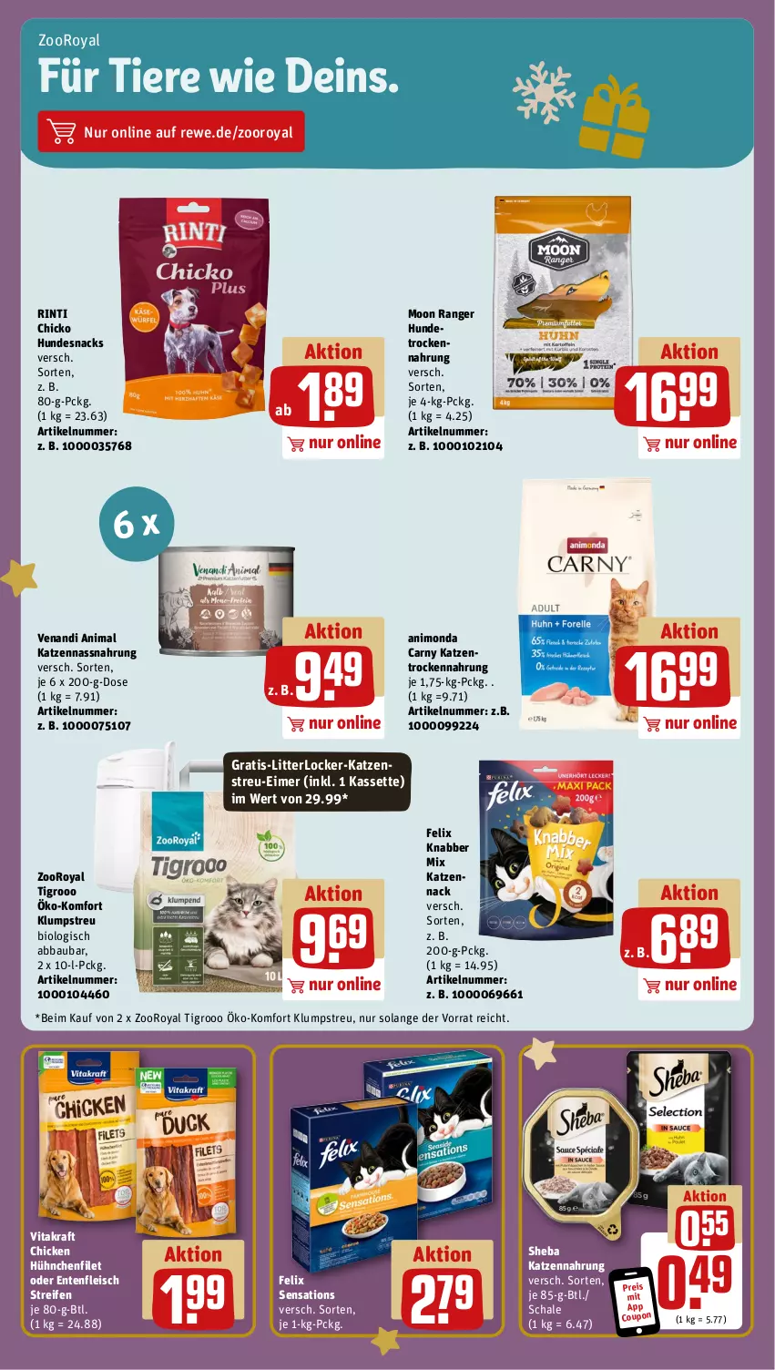 Aktueller Prospekt Rewe - Prospekte - von 18.12 bis 23.12.2023 - strona 21 - produkty: Abba, Bau, bio, coupon, eimer, eis, ente, felix, filet, fleisch, hundesnack, hundesnacks, Hundetrockennahrung, katzennahrung, Katzenstreu, klumpstreu, kraft, Nassnahrung, reifen, reis, rinti, Schal, Schale, sensations, sheba, snack, snacks, Ti, Tiere, Trockennahrung, vita, vitakraft