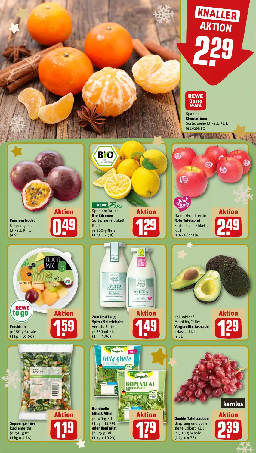 Aktueller Prospekt Rewe - Prospekte - von 18.12 bis 23.12.2023 - strona 8 - produkty: avocado, bio, bonduelle, clementinen, elle, frucht, kopfsalat, küche, Küchen, passionsfrucht, rote tafeläpfel, salat, Schal, Schale, suppe, suppen, Sylter, tafeläpfel, tafeltrauben, Ti, trauben, Wild, zitrone, zitronen, Zum Dorfkrug