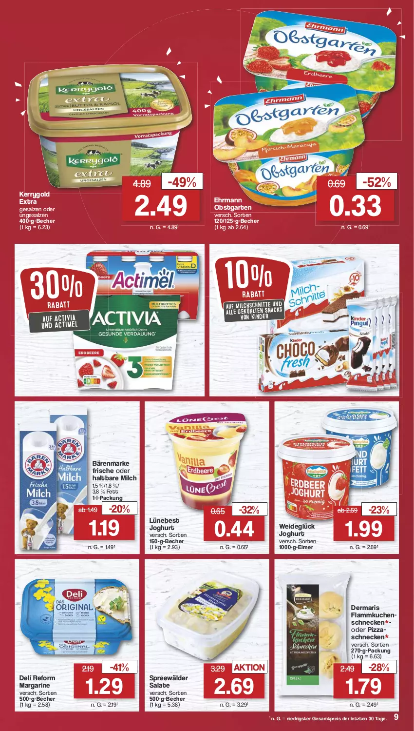 Aktueller Prospekt Famila - Prospekte - von 05.08 bis 10.08.2024 - strona 10 - produkty: actimel, activia, bärenmarke, Becher, decke, deli reform, ehrmann, eimer, eis, flammkuchen, Garten, haltbare milch, joghur, joghurt, kerrygold, kerrygold extra, Kinder, kuchen, kühlregal, lamm, margarine, milch, Milchschnitte, obst, obstgarten, pizza, regal, reis, salat, salate, salz, snack, snacks, spreewälder, Ti, ZTE