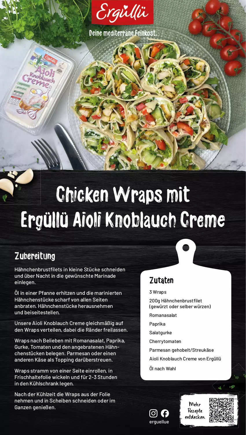 Aktueller Prospekt Famila - Prospekte - von 05.08 bis 10.08.2024 - strona 11 - produkty: aioli, braten, cherrytomaten, creme, decke, eis, elle, frischhaltefolie, gewürz, gurke, hähnchenbrust, Käse, knoblauch, kühlschrank, leine, marinade, paprika, pfanne, rezept, rezepte, Romanasalat, salat, Salatgurke, Schrank, tomate, tomaten, WICK, wrap, wraps